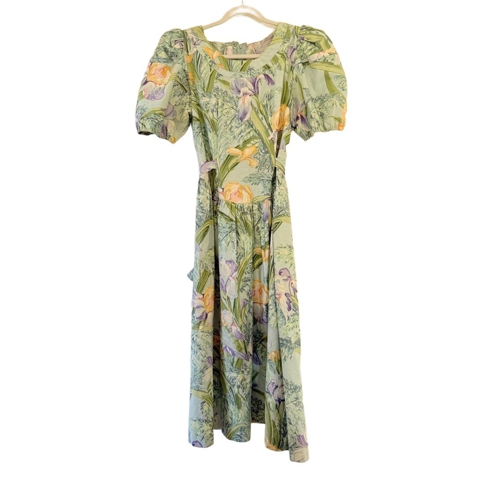 Vintage! BLAIR WOOLVERTON 80s 90s Size 6 Midi Dress Floral Puff Sleeve Tie Waist